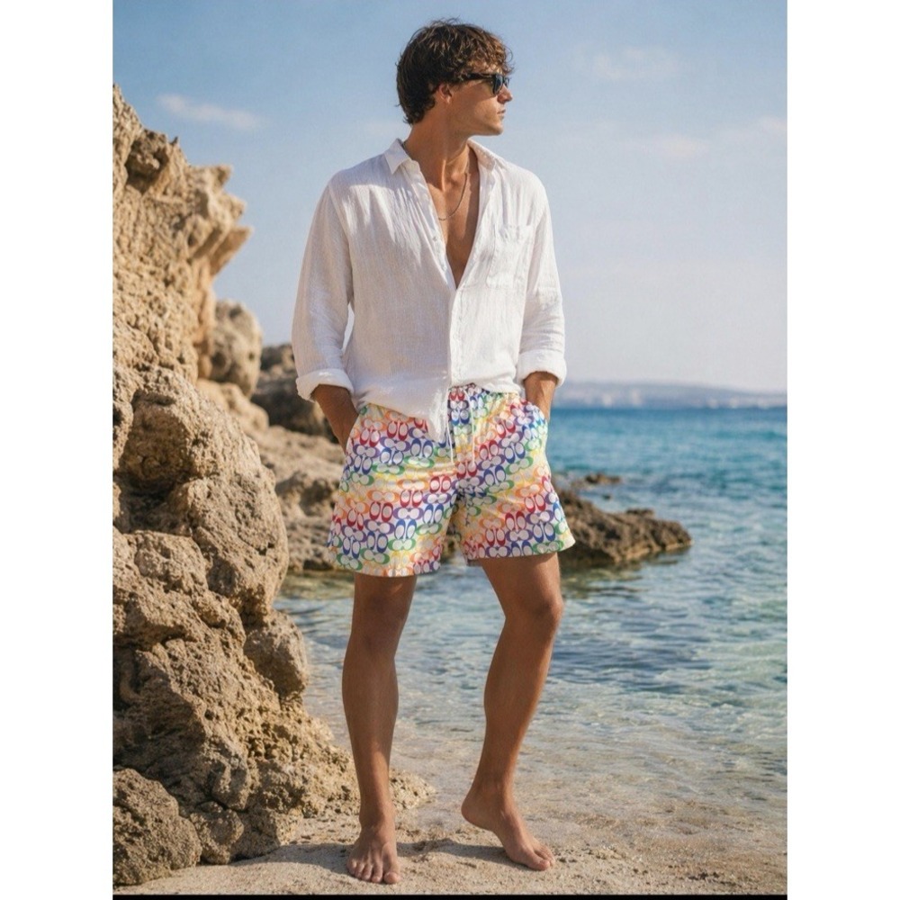 Coach Signature Swim Trunks Men M Multicolor Logo Print Drawstring Shorts Beach
